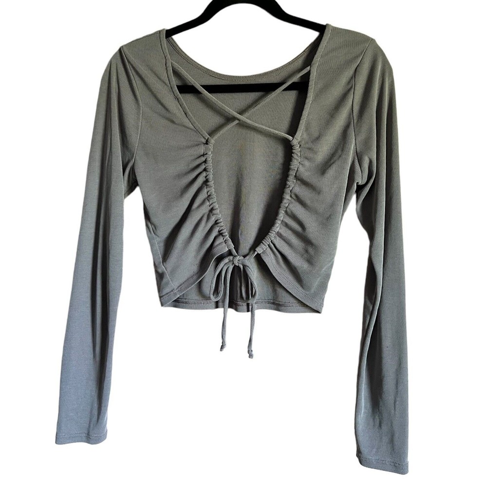 Women's Cropped Long Sleeve Open Back Rib Knit Size M Medium Gray Beige Crop Top